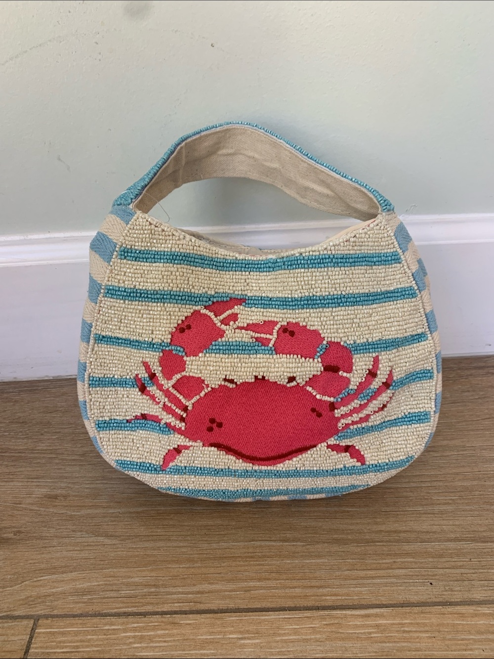 Beaded Crab Accent Tote in Turquoise & Coral